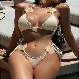 Women's 2 Piece Swimsuits Shell High Cut Halter Triangle String Boho Bikini Bath